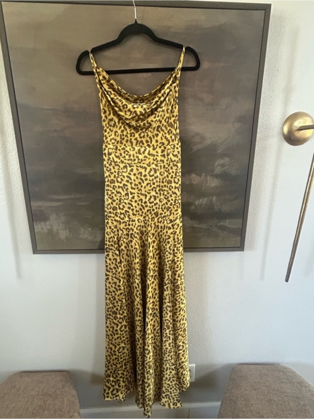 NWT Boutique Leopard Print Satin Cowl Neck Belted Slip Dress - Yellow Brown